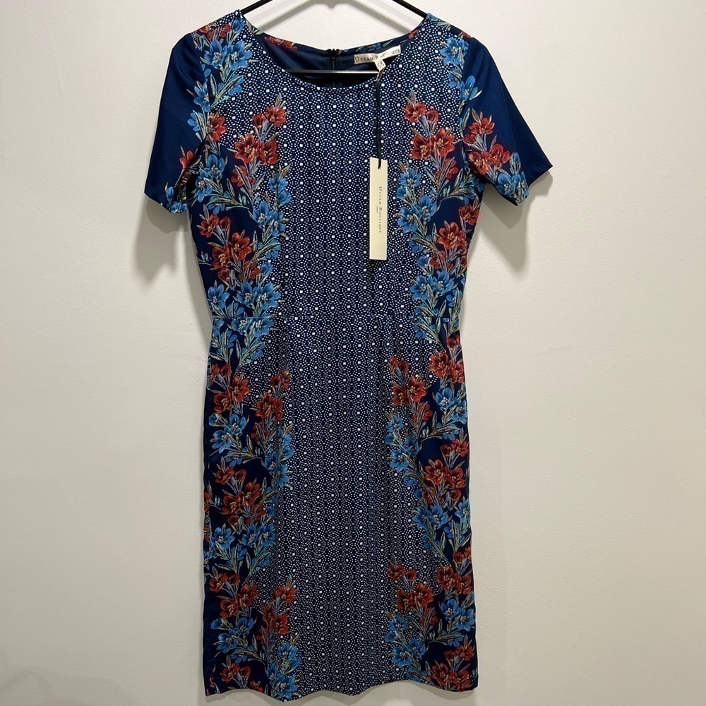UTTAM Boutique Navy Blue Floral Print Short Sleeve Midi Dress size 4